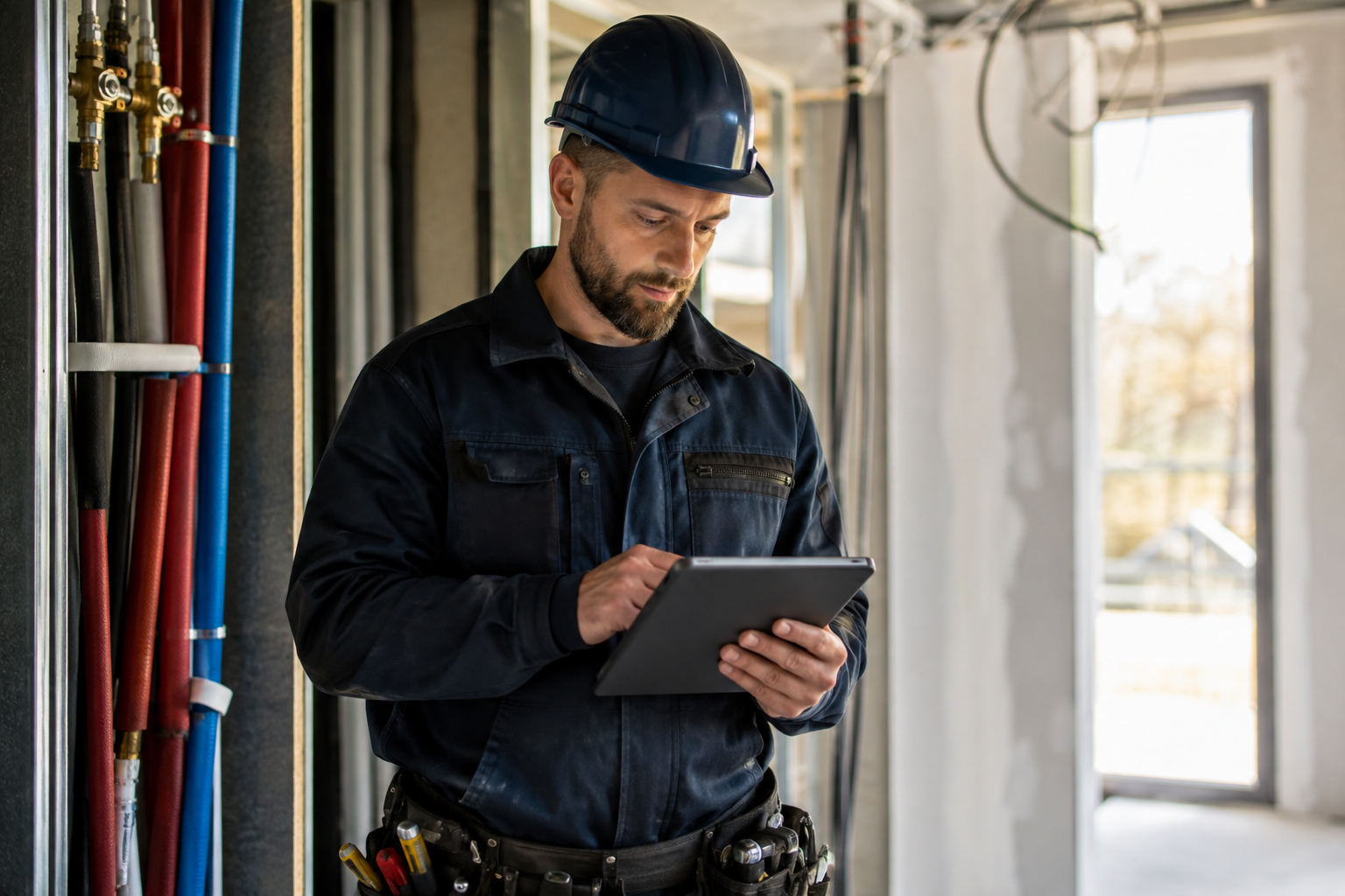 Artisan BTP signant un devis en ligne sur tablette sur un chantier