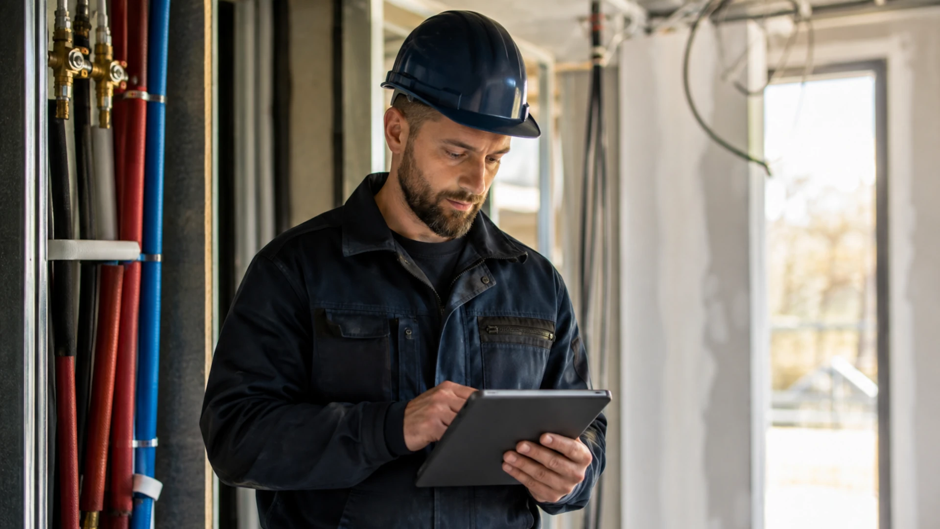 Artisan BTP signant un devis en ligne sur tablette sur un chantier
